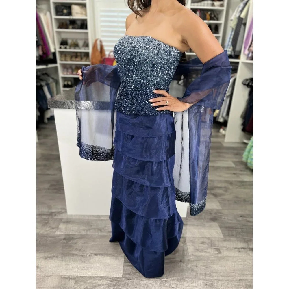 Jovani Navy Blue Sequined Strapless Tiered Formal Gown $395 - Picture 5 of 11